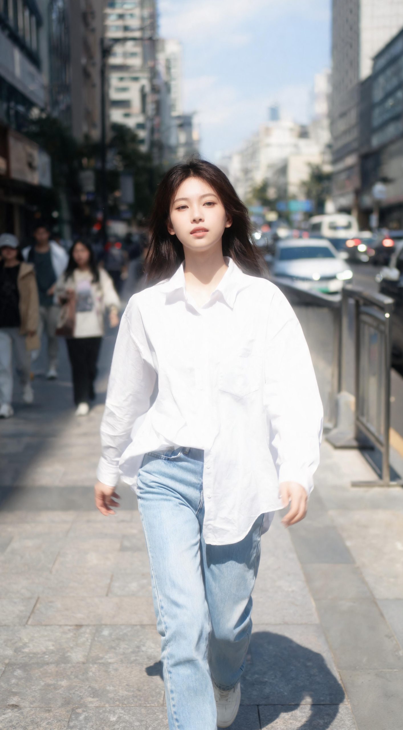 Seedream 5.0生成——iPhone风格街拍,白衬衫女生走在城市街道