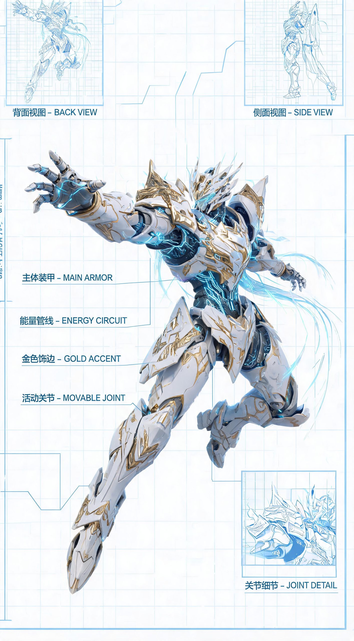 Seedream 5.0生成——魔装机神白色机甲动态设计展示,金色纹路闪耀
