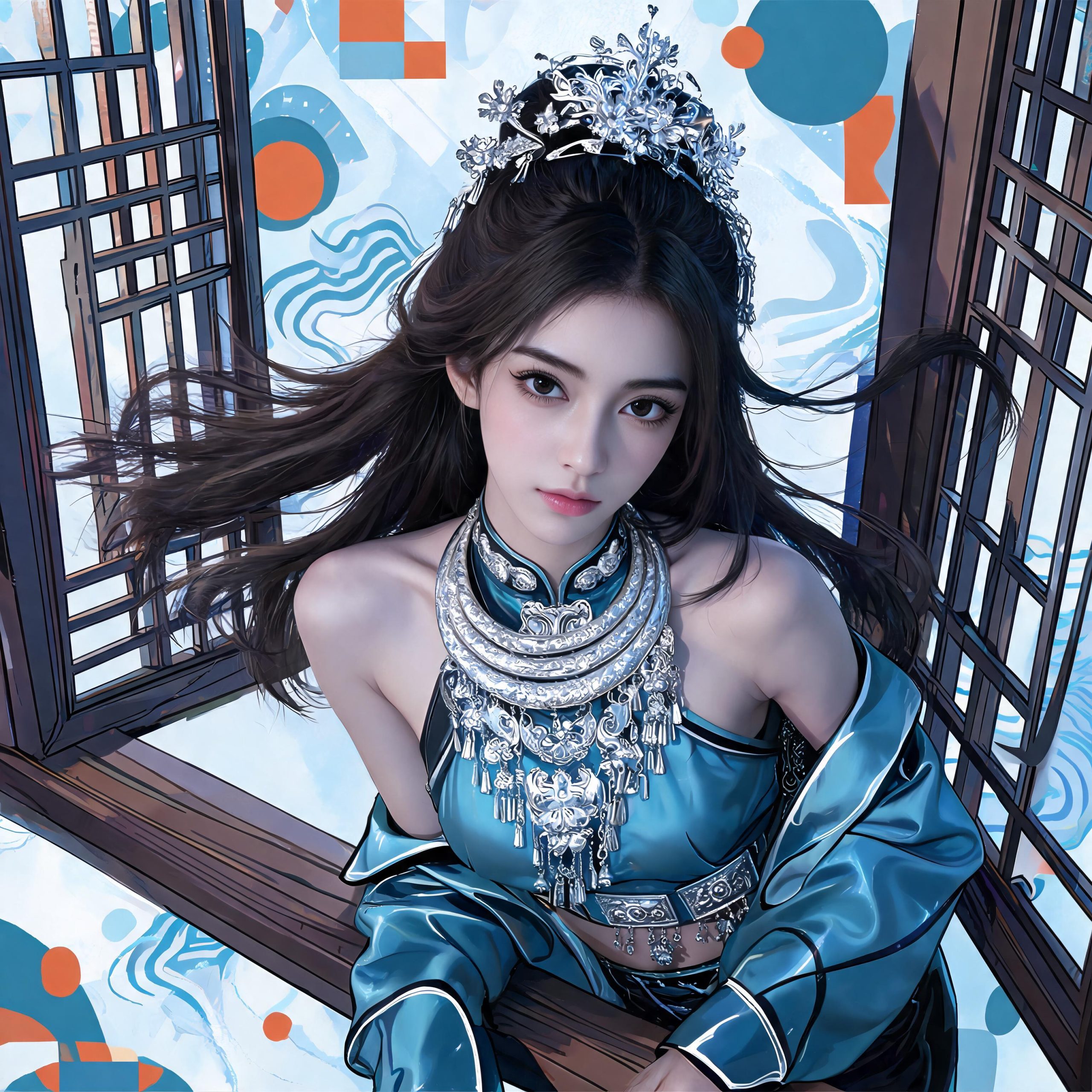 苗族银饰概念设计美学AI绘画 复古未来主义国风美女
