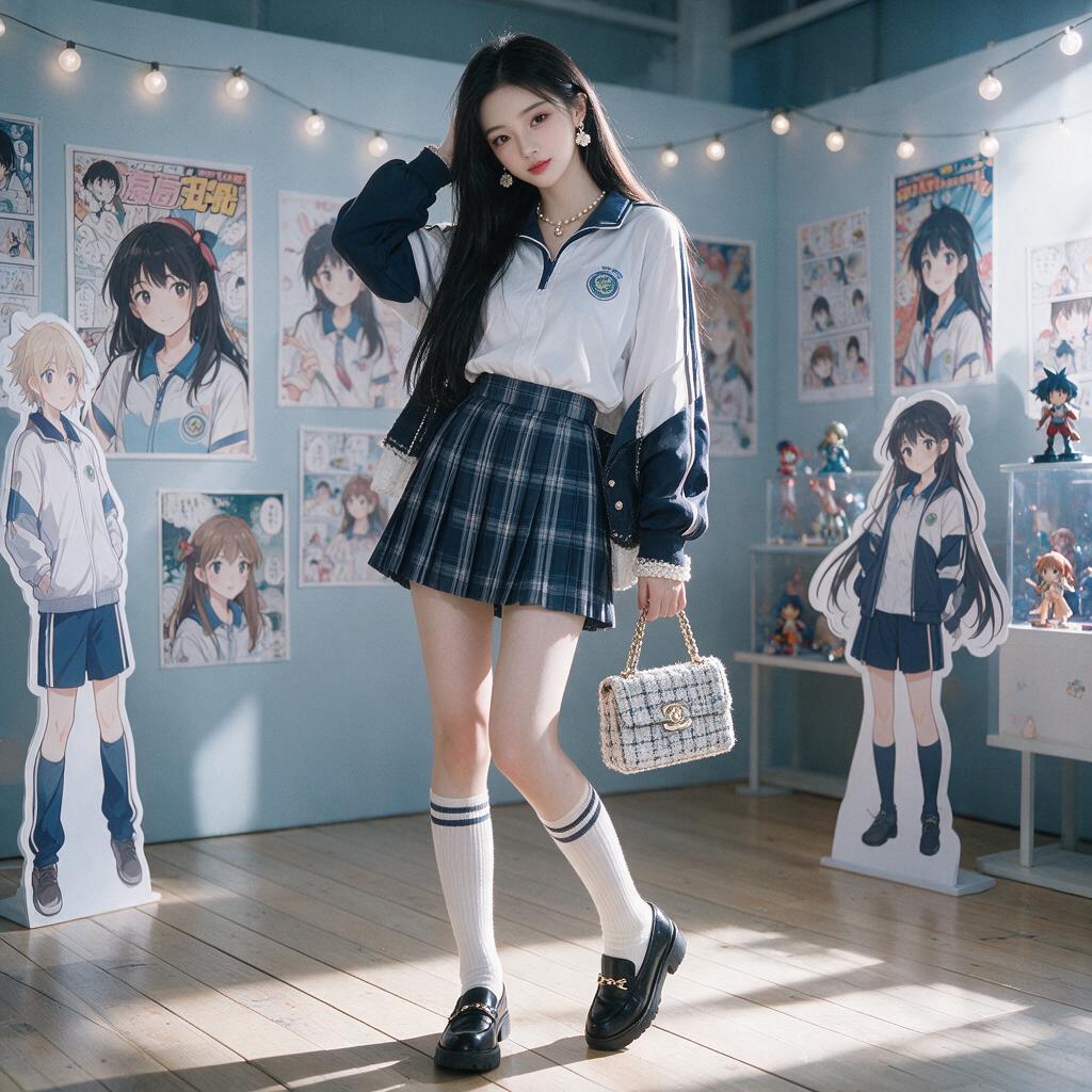 全身远景超广角-校服小香风漫画展场景-分层摄影效果图