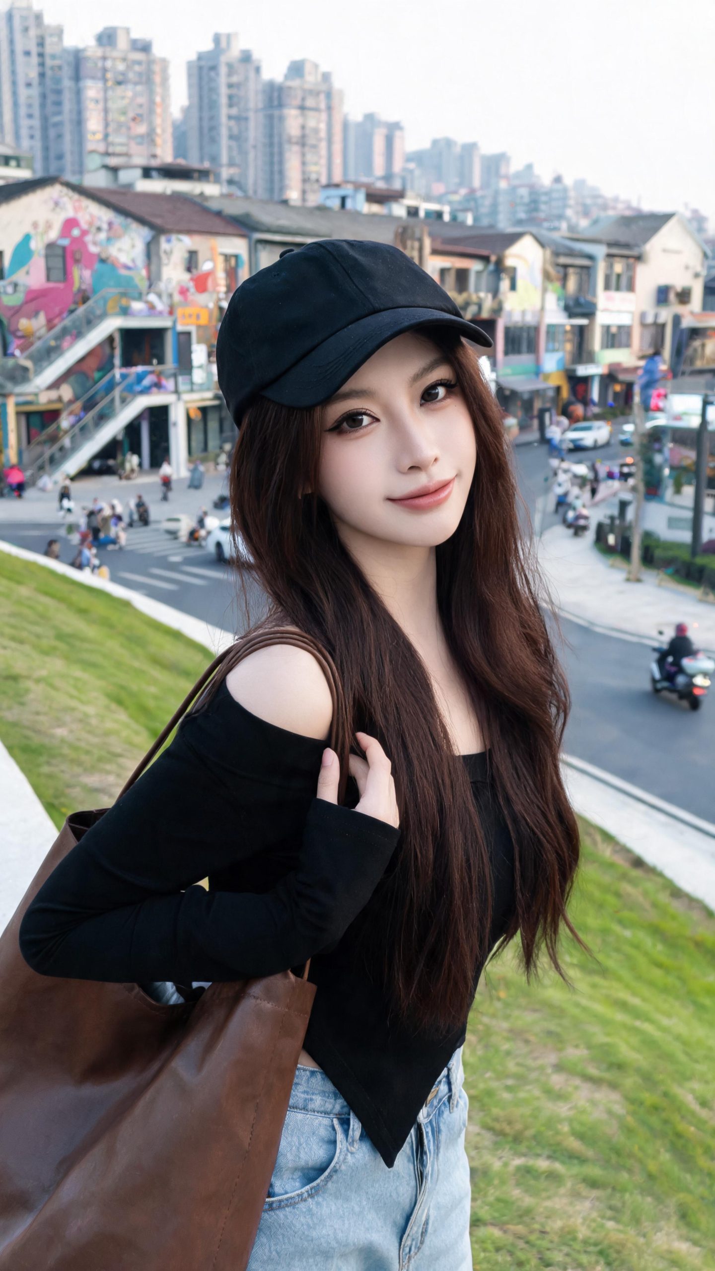半身特写鸭舌帽韩系少女AI人像Prompt效果