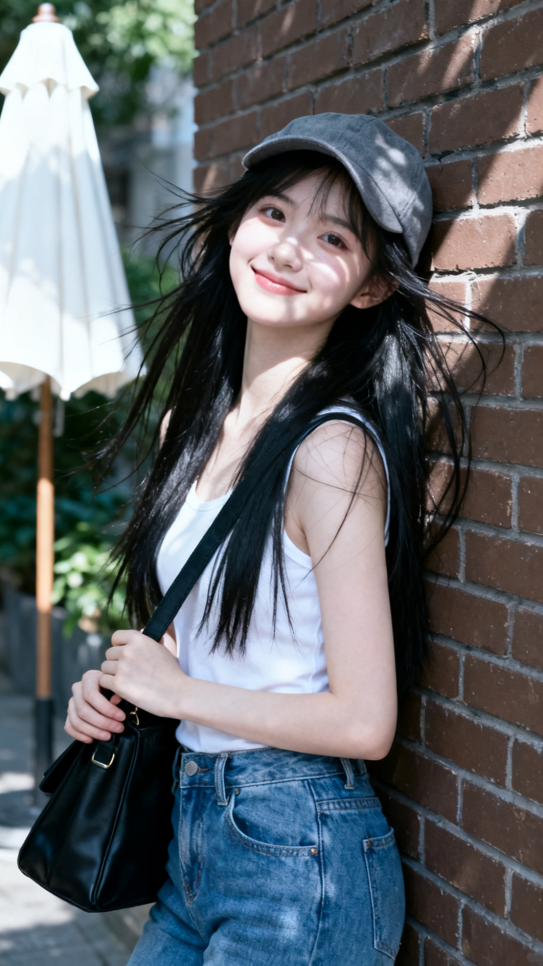 亚洲美少女街头砖墙靠姿写真