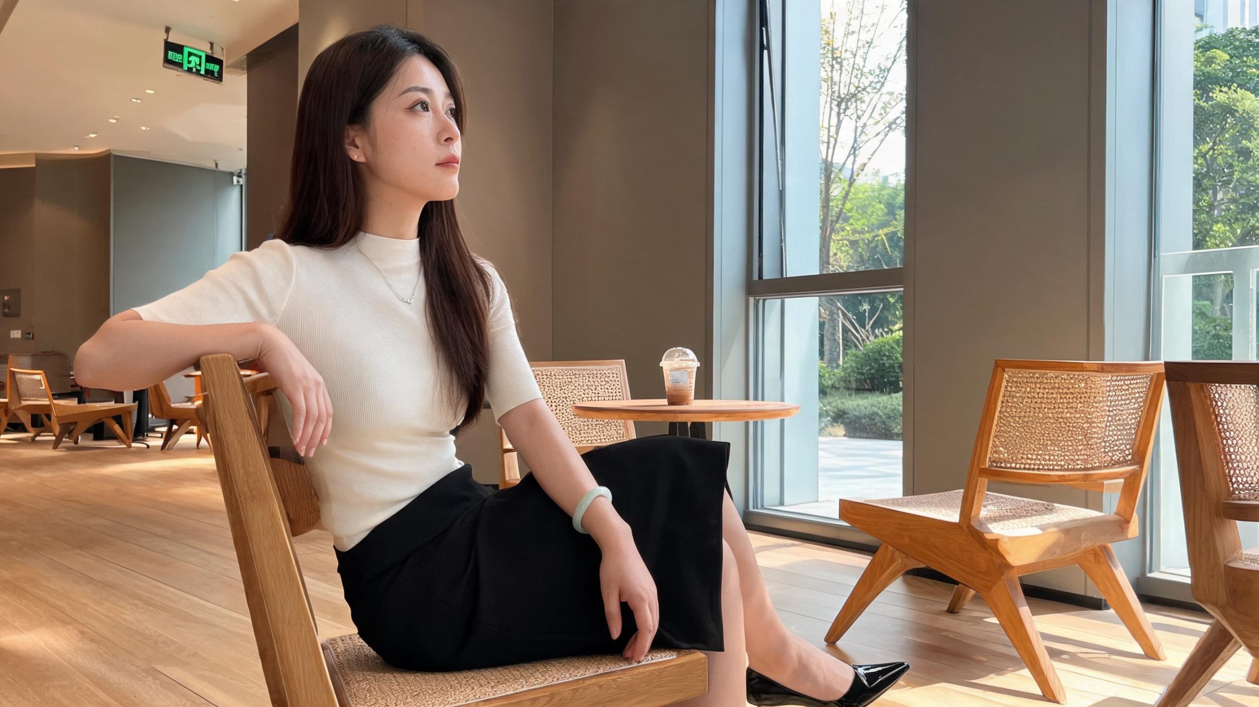 轻奢咖啡馆女生靠椅望向窗外纪实写真