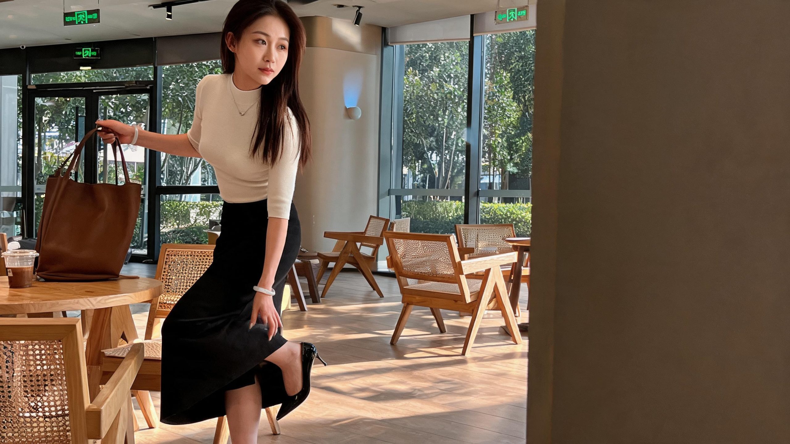 轻奢咖啡馆女生起身拎包自然随性纪实写真