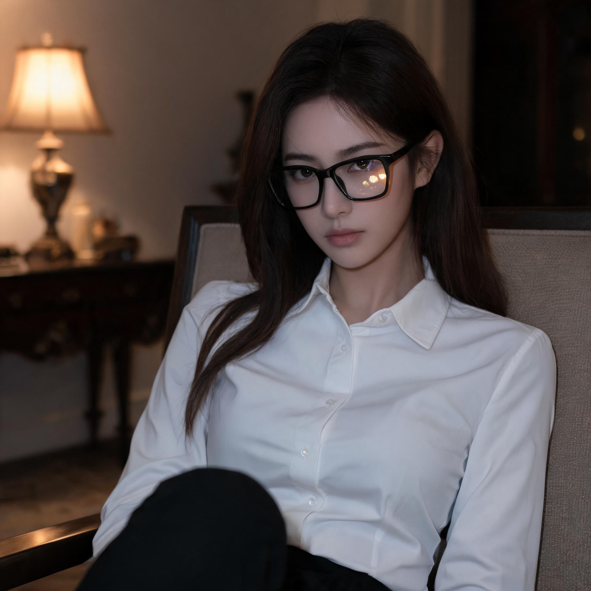御姐风少女休闲靠坐眼镜反光昏暗房间低饱和