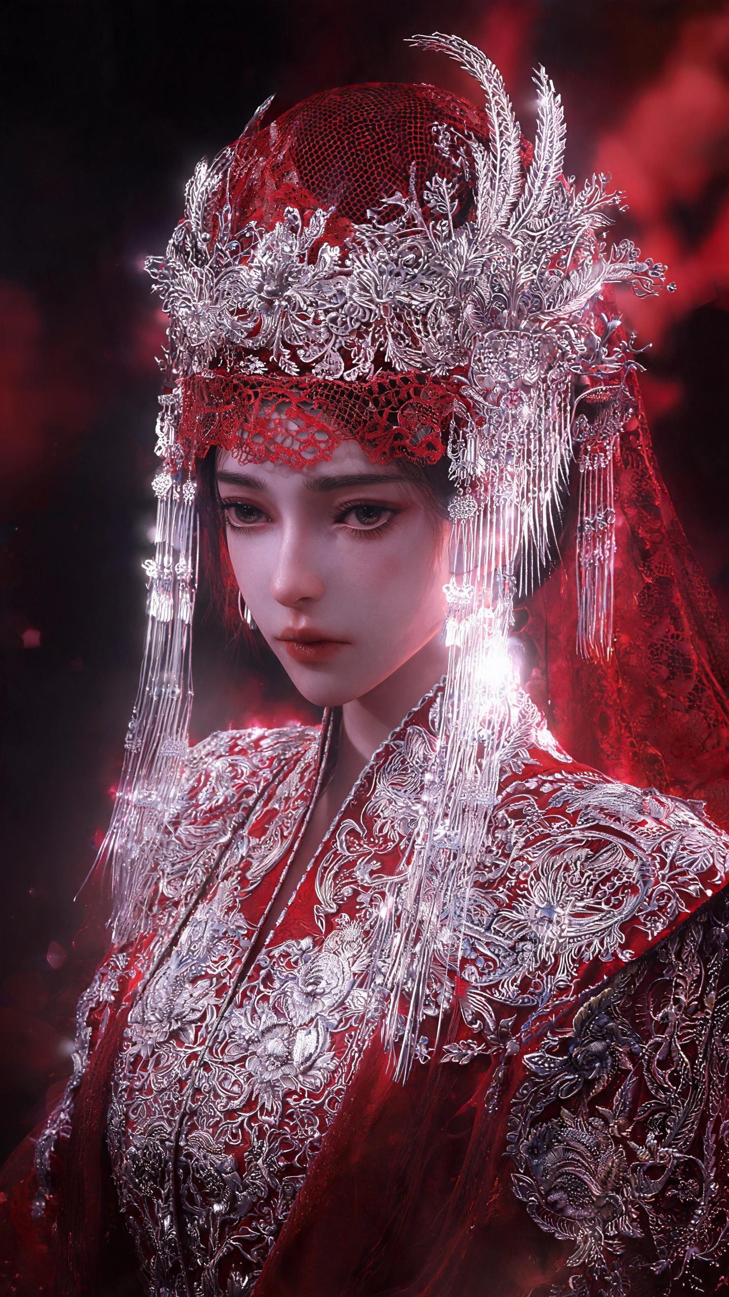 五域织造Prompt效果图银丝排线嫁衣细节