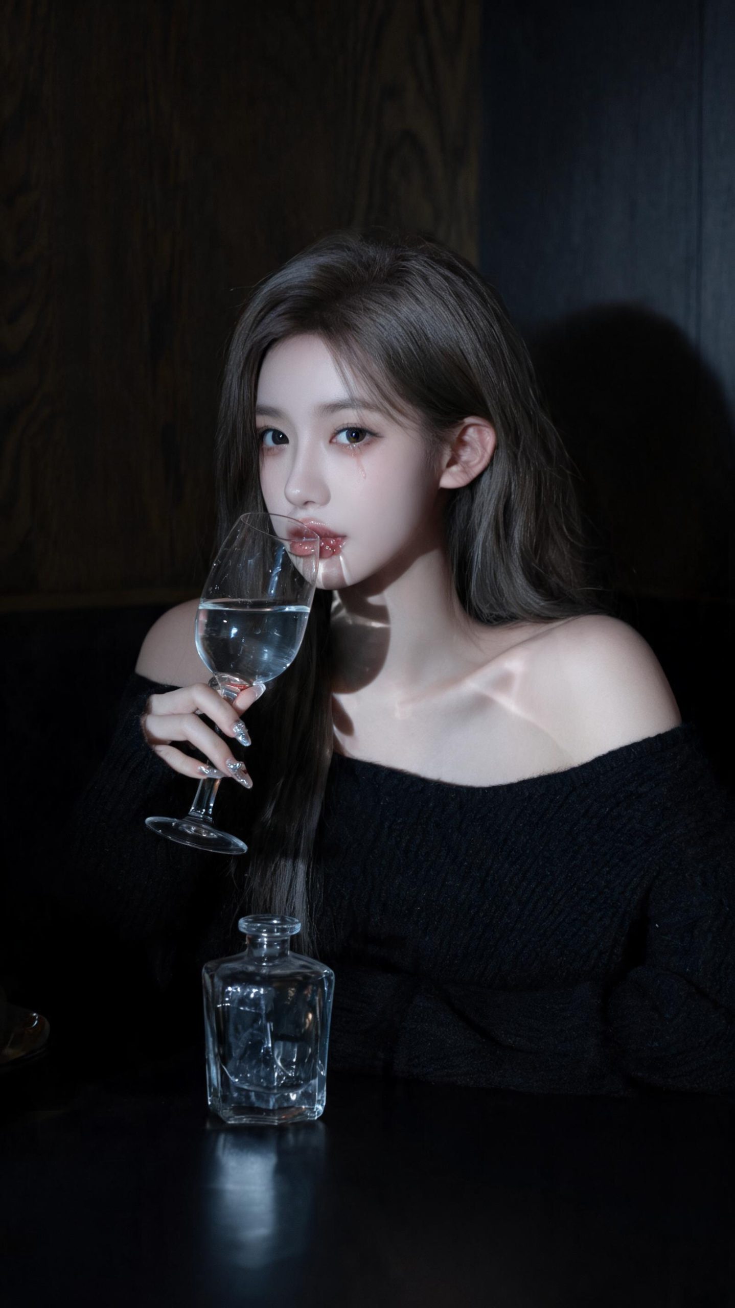 手持酒杯，精致美甲在酒杯边缘反射微光，唇釉湿润光泽，木质背景暗调奢华
