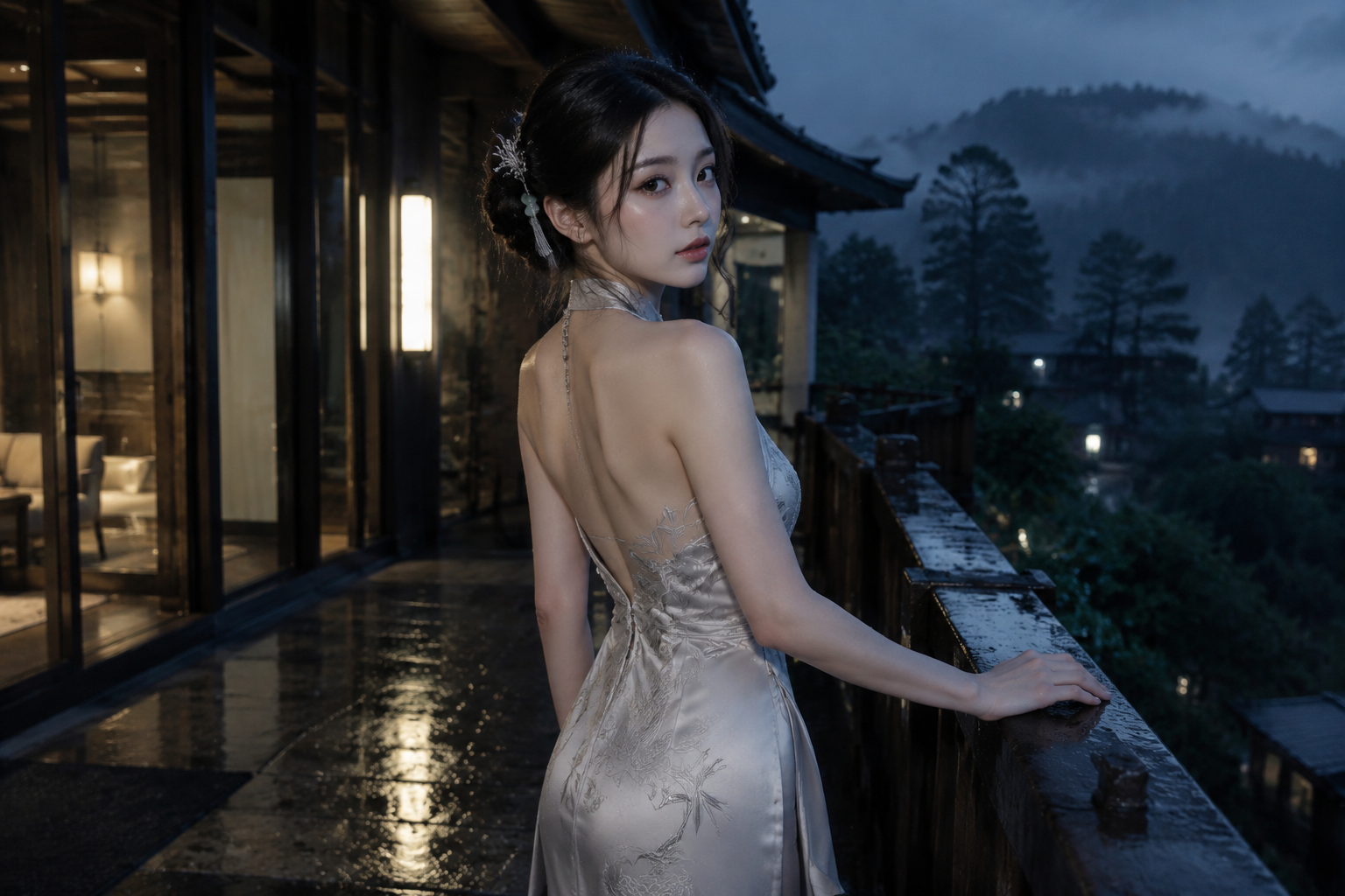 多数 AI 人像让角色正面出镜，这条 Prompt 让角色背对——「背身雨境术」的降质声明逻辑
