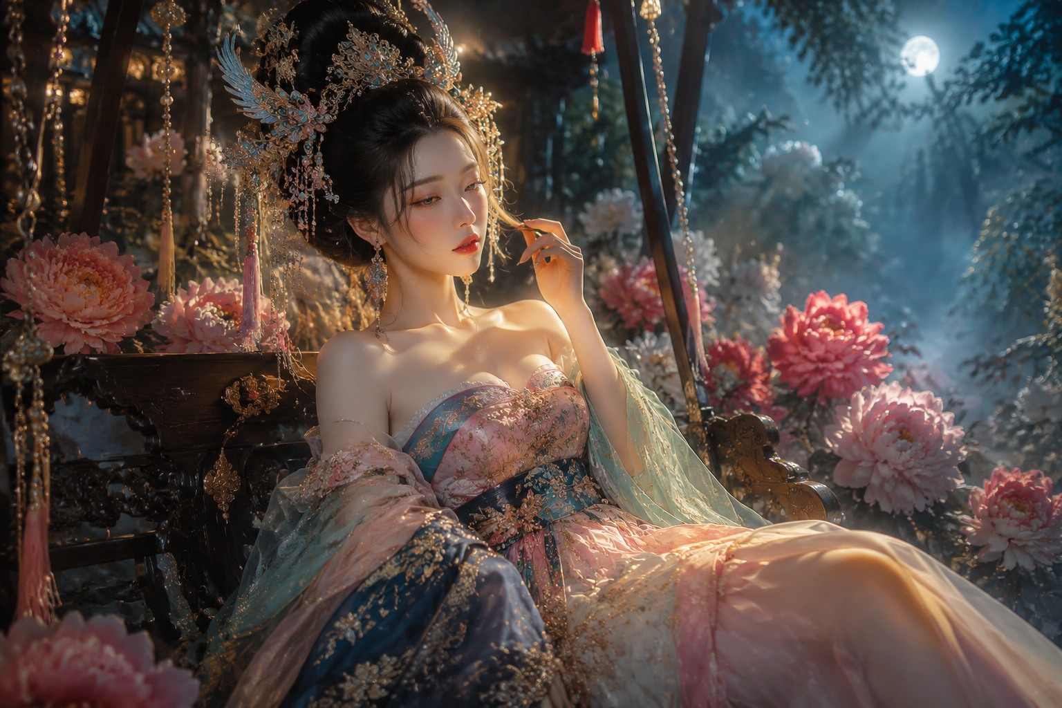 一条 Prompt 写出「六域参叠」厚度——拆解 218 字古风贵妃秋千写真的构图层叠逻辑
